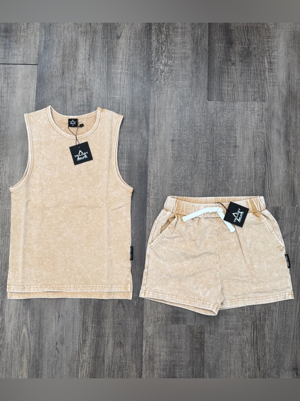 Kids Beige Mineral-Wash Tank & Shorts Matching Set